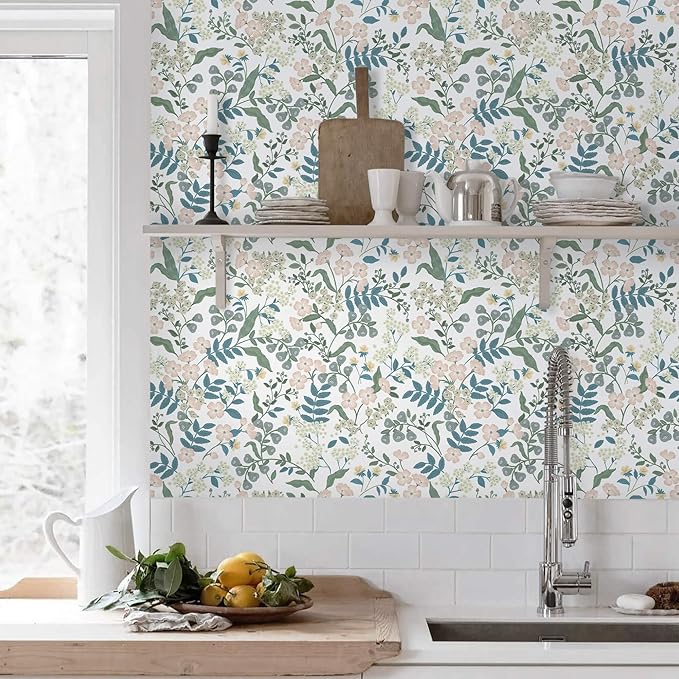 Floral Peel and Stick Wallpaper Boho Blue Floral Contact Paper Vintage Pink Flower Wallpaper Self Adhesive Removable Wall Paper for Bedroom Bathroom Cabinets Waterproof Vinyl Roll 17.3"x78.7"
