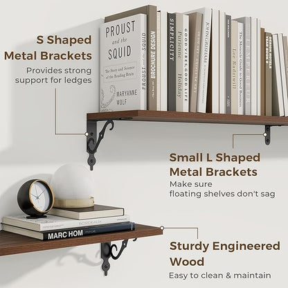 RICHFOCUS Floating Shelves for Wall Decor, 55.1W x 8D Shelves Set of 2, 8 Inch Deep Rustic Wood Shelves Wall Mounted with Brackets, Long Floating Shelves for Living Room Bedroom Kitchen, Walnut