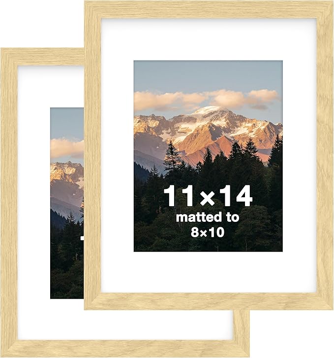 FrameWorks 2-Pack, 11x14 Matted to 8x10 Picture Frame, Natural Oak – Classic Wooden Photo Frame with Tempered Glass, Modern Matte Finish for Prints, Posters, Certificates & Wall Decor – Gallery-Ready