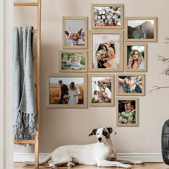 LUCKYLIFE Picture Frame Set 10-Pack, Gallery Wall Frame Collage with 8x10 5x7 4x6 Frames in Natural Woodgrain Finishes