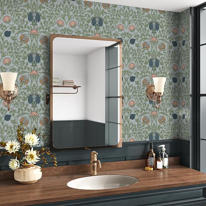 VEELIKE Retro Blue Floral Wallpaper Peel and Stick Vintage Floral Art Deco Wallpaper for Bedroom Bathroom 17.7''x118'' Removable William Morris Wall Paper Prepasted Adhesive Contact Paper for Walls