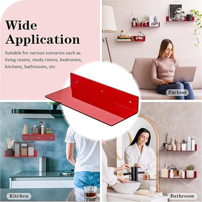 15 Inches Red Acrylic Shelves, Wall Mounted Shelves for Bedroom, Wall Display Shelves for Collectibles, Funko Pop, Speaker, Plants, 2 Pack