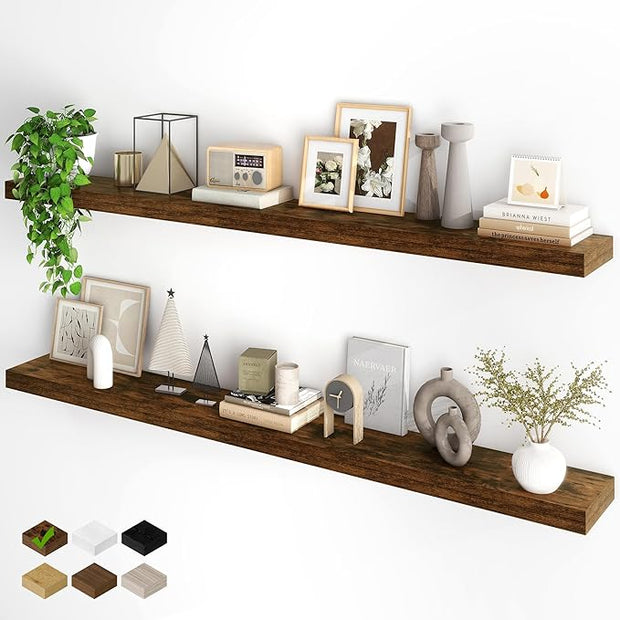 Fun Memories 66 Inch Fireplace Mantel - Long Floating Shelf, Wall Mounted Farmhouse Display with Invisible Heavy Duty Metal Bracket, Brown, 2 Pack