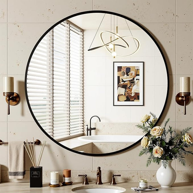 Antok 24 Inch Round Mirror for Wall, Round Bathroom Mirror, Circle Wall Mirrors with Black Metal Frame, Circle Mirrors Suitable for Wall, Bathroom, Vanity, Living Room, Entryway