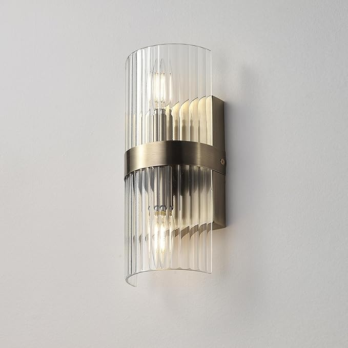 GLOBE Electric 65000046 2-Light Wall Sconce, Matte Brass, Ribbed Glass Shade, E12 Base Sockets, Wall-Lamp Dimmable, Lights for Bedroom, Kitchen Sconces Lighting, Home Decor, Mounted Bedside Lamp