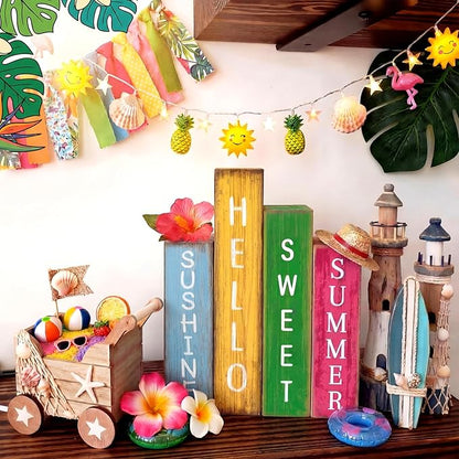 4 Pcs Summer Table Decoration Wooden Book Hawaii Beach Decoration Blue Yellow and Red Summer Tiered Tray Decor Wood Book Sign Farmhouse for Hawaii Party Home Shelf Coffee Table