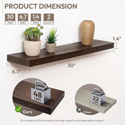Marsmiles 30 inch Floating Shelves for Wall Solid Elm Wood Shelves|Rustic Wall Shelves with Invisible Heavy-Duty Bracket for Bathroom Living Room Kitchen|Walnut, 2 Pack