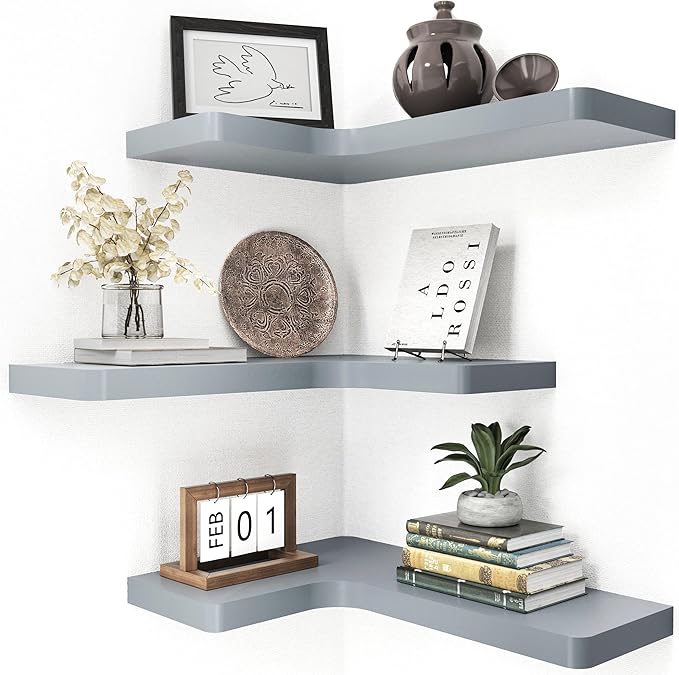 fuqing Corner Floating Shelves, Wall Shelf Set of 3, Shelves for Wall Storage, Solid Wood Shelves for Storage, Wall Mount Wooden Display Shelf for Bathroom Bedroom Kitchen Garage, Dark Grey