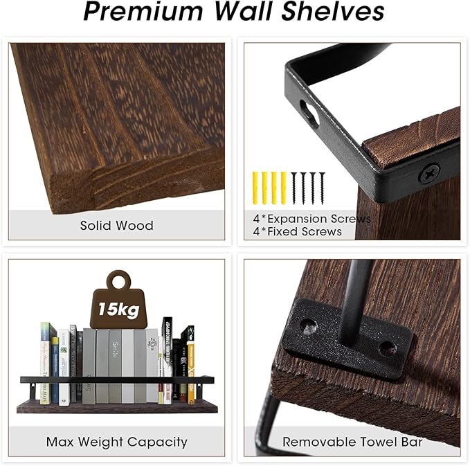 Uten Floating Shelves, Wall Shelves Set of 2, Wall Mounted for Bathroom, Bedroom, Kitchen, Bathroom Shelf with Towel Bar, Sturdy Structure, Easy Installation