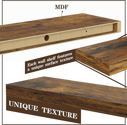 BAMEOS Floating Shelves, 31W x 7D Rustic Brown Wall Mounted Wooden Shelves with Invisible Brackets Set of 2, Hanging Wall Shelves Decoration for Bedroom, Bathroom, Living Room and Kitchen