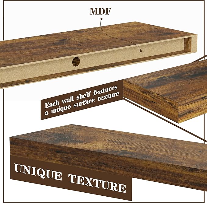 BAMEOS Floating Shelves, 31W x 7D Rustic Brown Wall Mounted Wooden Shelves with Invisible Brackets Set of 2, Hanging Wall Shelves Decoration for Bedroom, Bathroom, Living Room and Kitchen