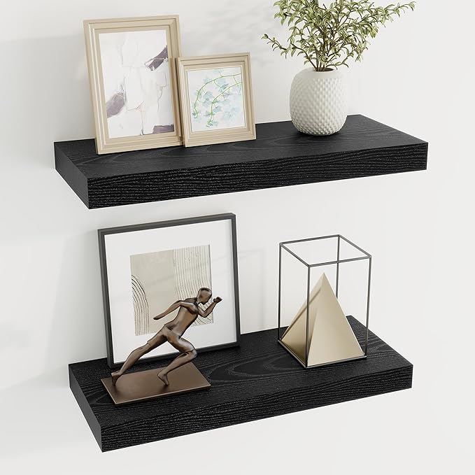 Dreamland 20 Inch Long Floating Shelves in Black,6.7 Inch Deep Floating Shelf for Wall,Large Display & Storage Shelf, Wall Shelf for Bathroom Bedroom Living Room Kitchen Office，Set of 2
