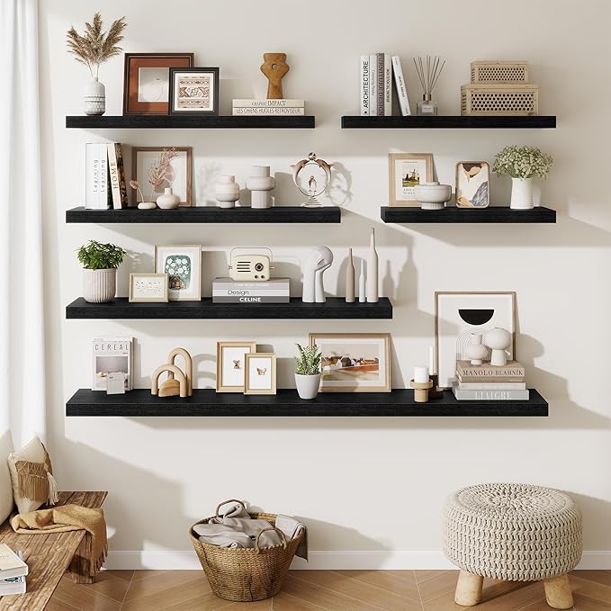 Fun Memories Black Floating Shelves for Wall - 10 x 16 Floating Shelf - Rustic Wood Storage Shelf - Wall Shelves with Invisible Bracket - 16