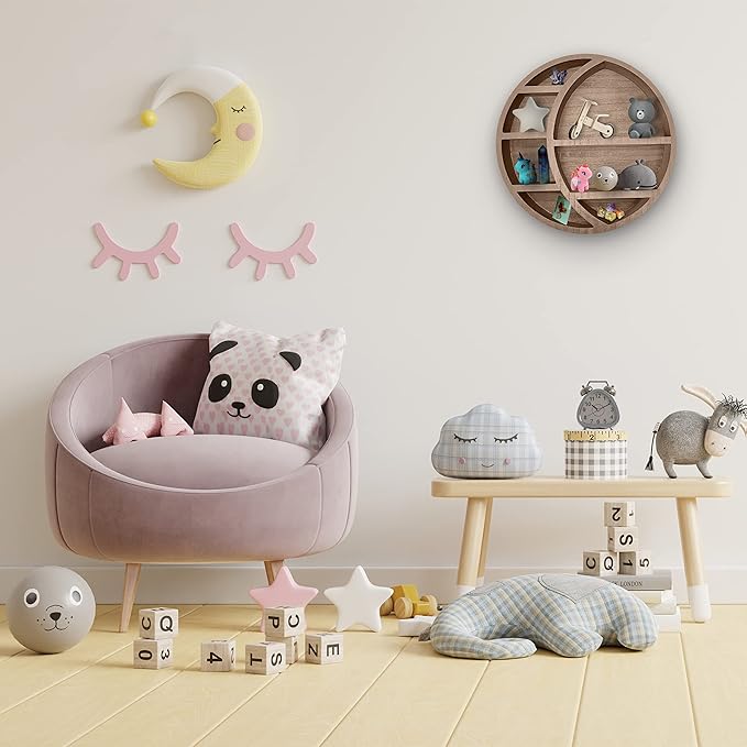 Wooden Floating Moon Shelf Wall Decor - Decorative Boho Home Hanging Display Shelf for Bedroom, Dorm, Nursery - Easy Mount Storage for Crystals and Essential Oils - 14 x 14 x 3.5 (Light Brown)