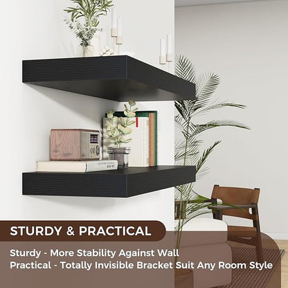 Floating Shelves for Wall, 30" W x 12" D x 2" H, 2 Pack of Long Wall Mounted Engineered Wood Shelves with Invisible Brackets for Living Room, Bedroom, Bathroom, Kitchen Decor, Black
