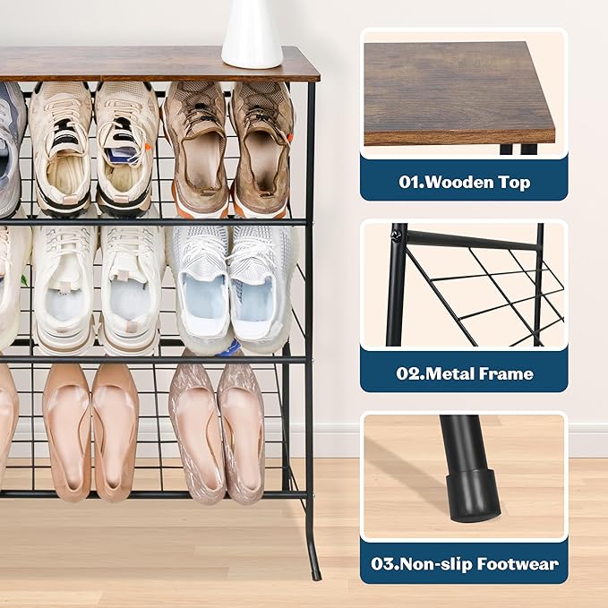 LOFTEY Shoe Rack, 4 Tier Slanted Shoe Stand, Narrow Shoe Rack for Entryway, Small Space, Slim Shoe Storage with Top Shelf, Rustic Brown