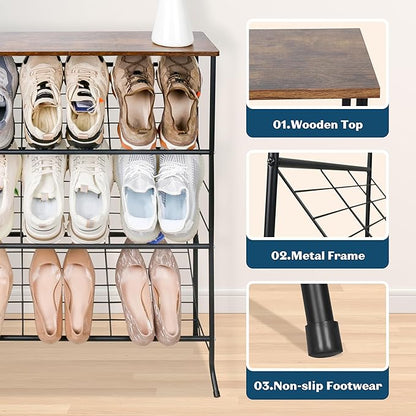 LOFTEY Shoe Rack, 4 Tier Slanted Shoe Stand, Narrow Shoe Rack for Entryway, Small Space, Slim Shoe Storage with Top Shelf, Rustic Brown