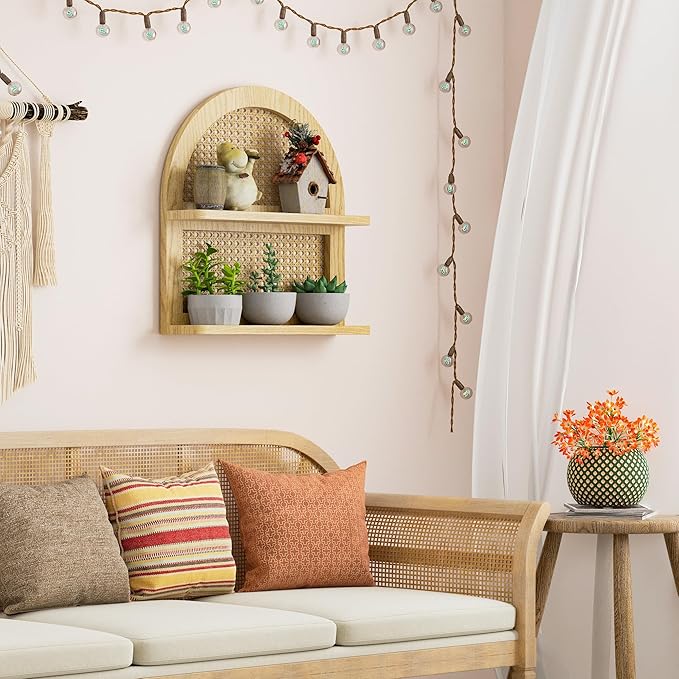 Wood Boho Rattan Wall Shelf - 2-Tier Arched Wicker Floating Shelf Natural Wood New Boho Shelf, Rustic Farmhouse Nursery Decor Shelves Wall Mounted, Neutral Handcrafted (16''l Natural Color)