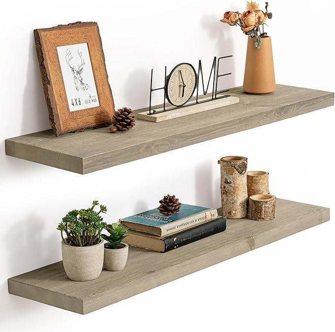 Marsmiles Floating Shelves | 36 Inch Grey Wood Wall Shelves Set of 2 | 9.3 Inch Deep Rustic Reclaimed Wood Shelves for Room Wall | Farmhouse Floating Shelves for Living Room Bathroom