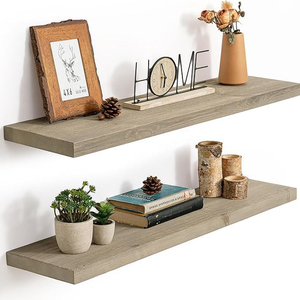 Marsmiles Floating Shelves | 36 Inch Grey Wood Wall Shelves Set of 2 | 9.3 Inch Deep Rustic Reclaimed Wood Shelves for Room Wall | Farmhouse Floating Shelves for Living Room Bathroom