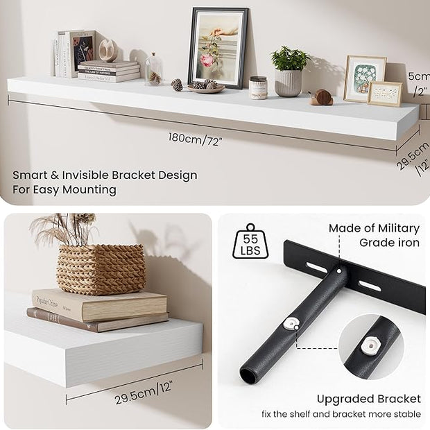 Fun Memories 72 Inch Fireplace Mantel Shelf, 12 Inch Deep Shelves for Display & Wall Storage, Rustic Wood Wall Shelf, Extra Long Floating Shelves for Living Room Laundry Room, White, Set of 1