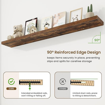 72in Floating Shelves for Wall,72"W x 9.25"D x 1.5"H, Long Wall Mounted Engineered Wood Shelves with Invisible Brackets for Living Room, Bedroom, Bathroom, Kitchen Decor and Storage, Rustic Brown