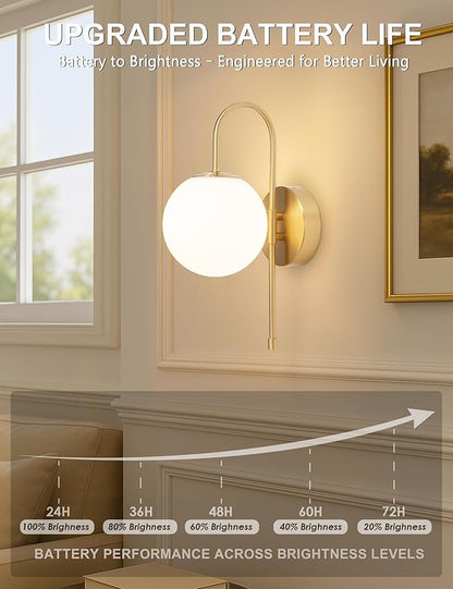 Battery Operated Gooseneck Wall Sconces Set of 2, Glass Globe Wireless Lights with Remote & Touch, Rechargeable Brushed Gold Sconce, 3 Color Dimmable Ambient Lighting for Bedroom Living Room