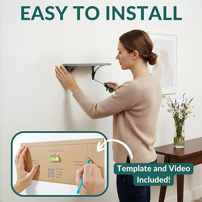 Reinforced Steel Bracket Grey Bathroom Shelves - Easy to Install, Template and Video Included - Gray Shelves for Wall, Grey Shelf