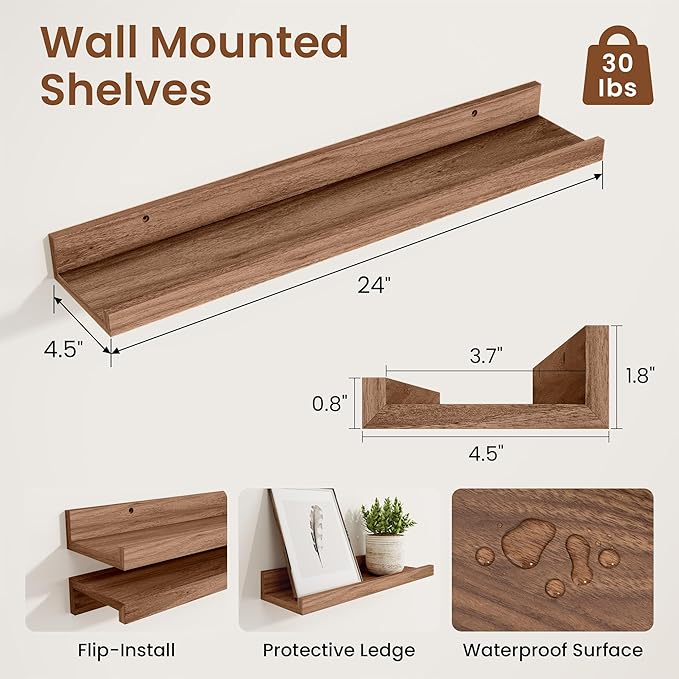 Heimlove Picture Ledge Shelf,24 inch Long Floating Shelves for Wall Set of 2,Picture Shelf with Lip for Wall Decor,Living Room,Bedroom,Bookshelf,Nursery,Perfume,Walnut Color