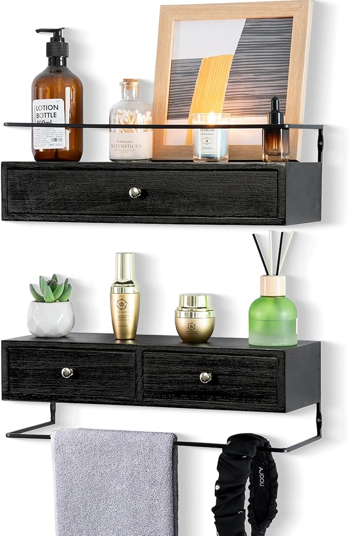 2-Pack Rustic Floating Shelves with Drawer, Black, 15.8 Inch Long, Wall-Mounted, Bathroom, Kitchen, Living Room Storage