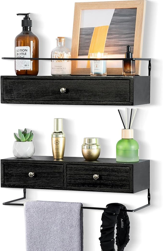 2-Pack Rustic Floating Shelves with Drawer, Black, 15.8 Inch Long, Wall-Mounted, Bathroom, Kitchen, Living Room Storage