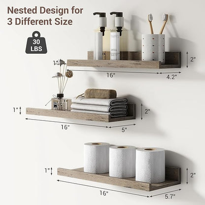 Axeman Picture Ledge Shelf | 16 Inch Grey Floating Shelves Set of 3 | Rustic Grey Wood Wall Shelves with Lip | 16" Picture Shelf for Wall with Ledge | Photo Shelves