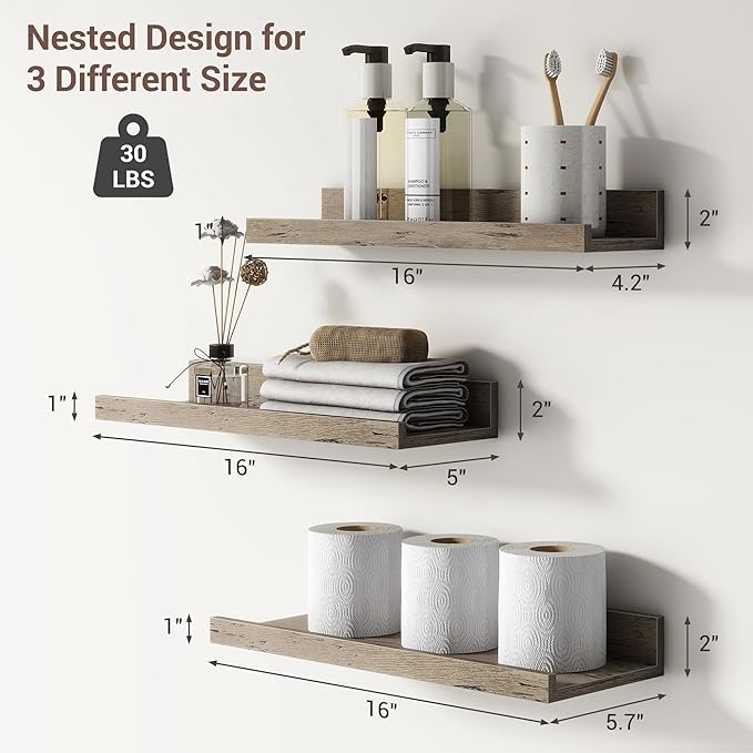 Axeman Picture Ledge Shelf | 16 Inch Grey Floating Shelves Set of 3 | Rustic Grey Wood Wall Shelves with Lip | 16