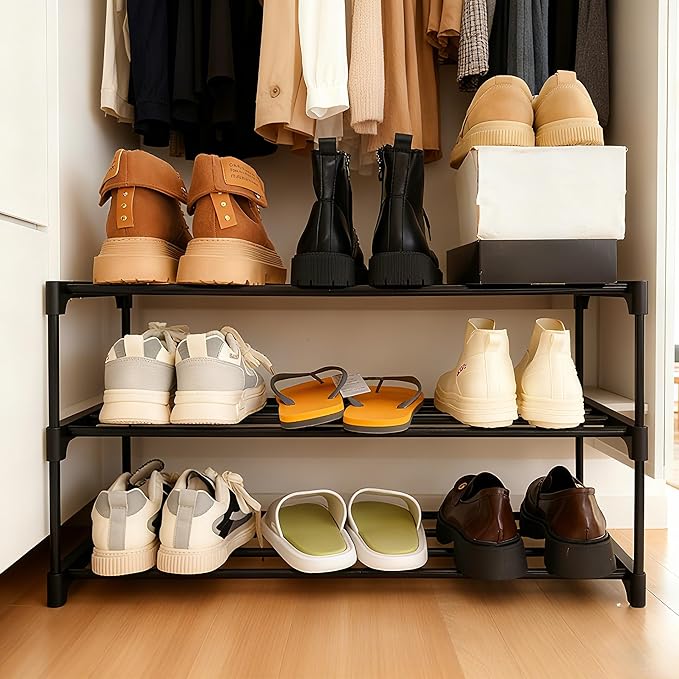 Shoe Rack Organizer, 3-Tier Reversible Metal Space Saving Shoe Storage Shelf - for Entryway, Closet, Front Door, Bedroom, Garage & Corridor-Closet Organizer, Garage Storage Shelves (Black)