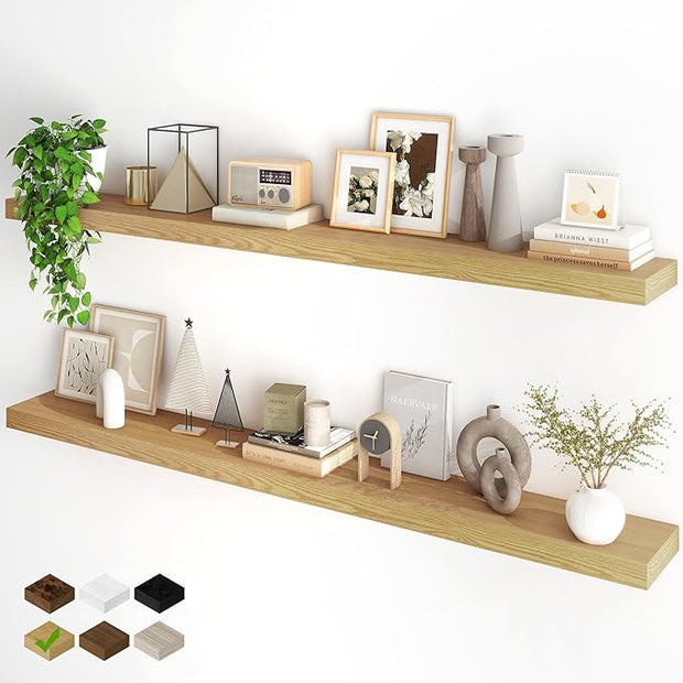 Fun Memories 66 Inch Fireplace Mantel - Long Floating Shelf, Wall Mounted Farmhouse Display with Invisible Heavy Duty Metal Bracket, Oak, 2 Pack