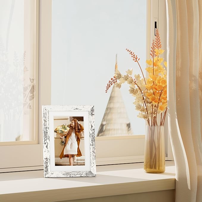 Vittanly 5x7 Picture Frame Set of 4, Display Pictures 4x6 with Mat or 5x7 without Mat, Engineered Wood with Shatter Resistant Plexiglass, Small Photo Frames for Wall or Tabletop, Distressed White