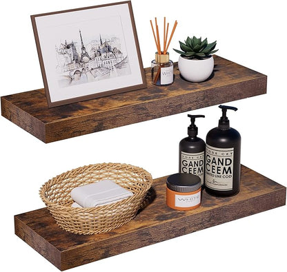 INHABIT UNION Rustic Brown Floating Shelves for Wall，24in Wall Mounted Display Ledge Shelves Perfect for Bedroom, Bathroom, Living Room and Kitchen Decoration Storage (Rustic Brown, Set of 2)