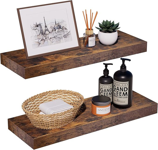 INHABIT UNION Rustic Brown Floating Shelves for Wall，24in Wall Mounted Display Ledge Shelves Perfect for Bedroom, Bathroom, Living Room and Kitchen Decoration Storage (Rustic Brown, Set of 2)