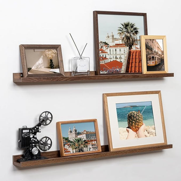 Fun Memories Picture Ledge Shelf, 32 Inch Floating Shelves Set of 2, Large Nursery Book Shelves for Toys Storage, Kids Bookshelf Wall Mounted for Wall Decor Books Photo Frames, Walnut