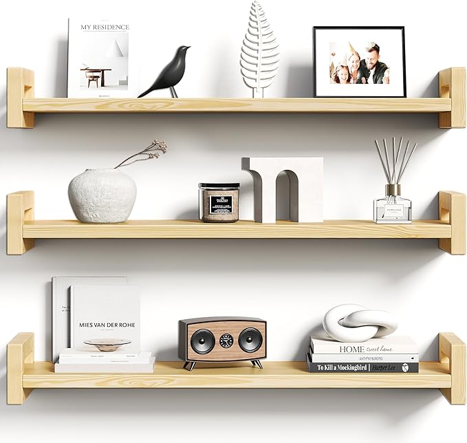 Vailando Floating Shelves for Wall, Set of 3 Solid Wood Wall Mounted Shelves, 23.6