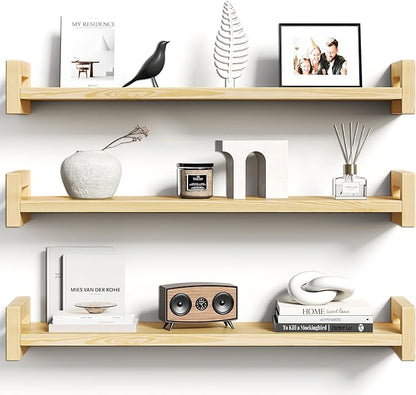 Vailando Floating Shelves for Wall, Set of 3 Solid Wood Wall Mounted Shelves, 23.6" Natural Wood Display Shelf for Bedroom, Living Room, Bathroom, and Kitchen Decor - Heavy-Duty & Natural Pine