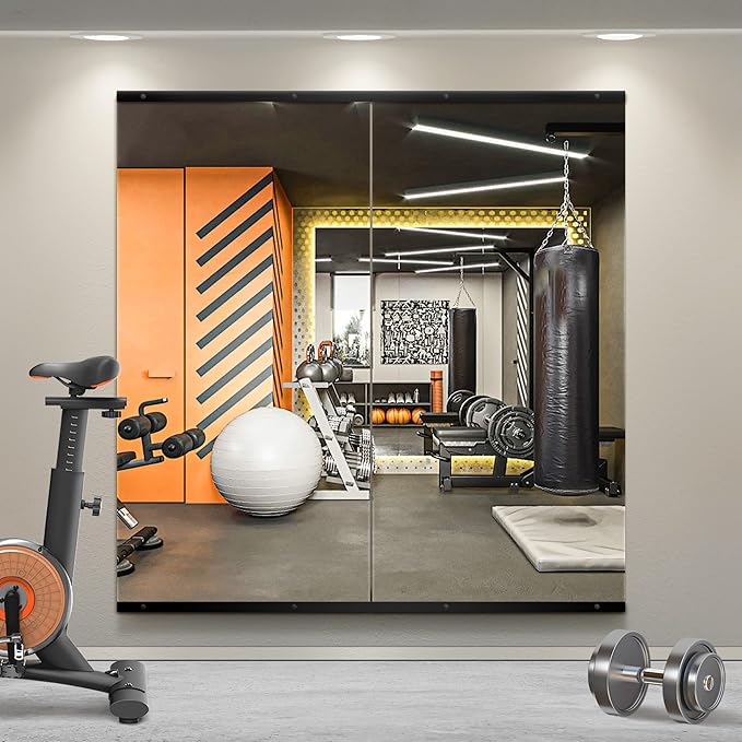 Home Gym Mirror for Wall,48x28x2PCS Full Length,Glass Frameless Body Large Mirror for Home Gym,Workout,Bedroom,Garage(Black)