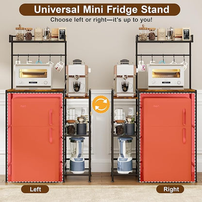 Mini Fridge Stand with Storage Shelves, Kitchen Bakers Rack, Coffee Bar, Microwave Oven Stand, Wine Cabinet, Refrigerator Stand with 5 Lockable S Hooks for Dorm, Apartment, Living Room, Office