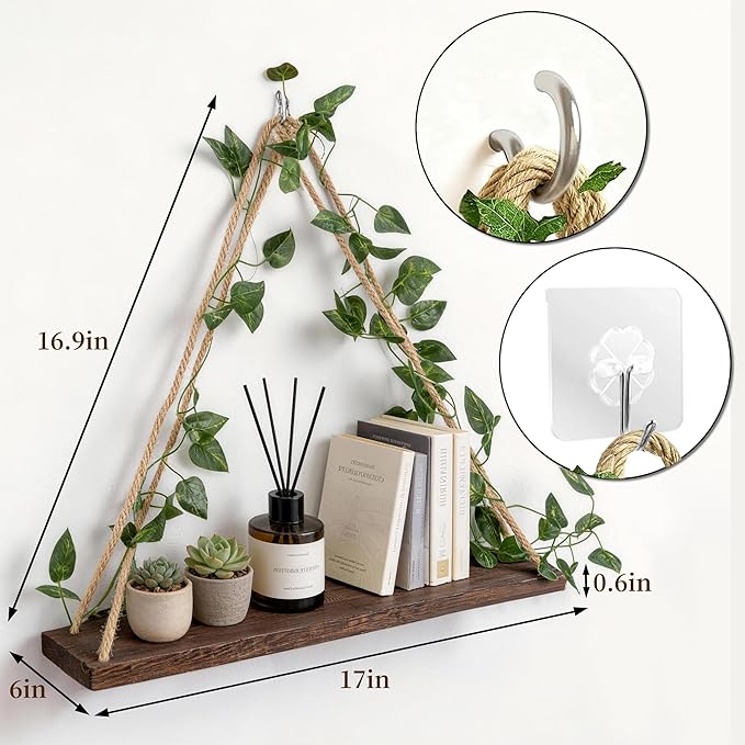 2PCS Floating Shelves for Wall, Plant Wall Decor, Hanging Shelf, Cottage Core Decor, Trinket Shelf, Wood Floating Storage Shelf for Bedroom Bathroom Living Room