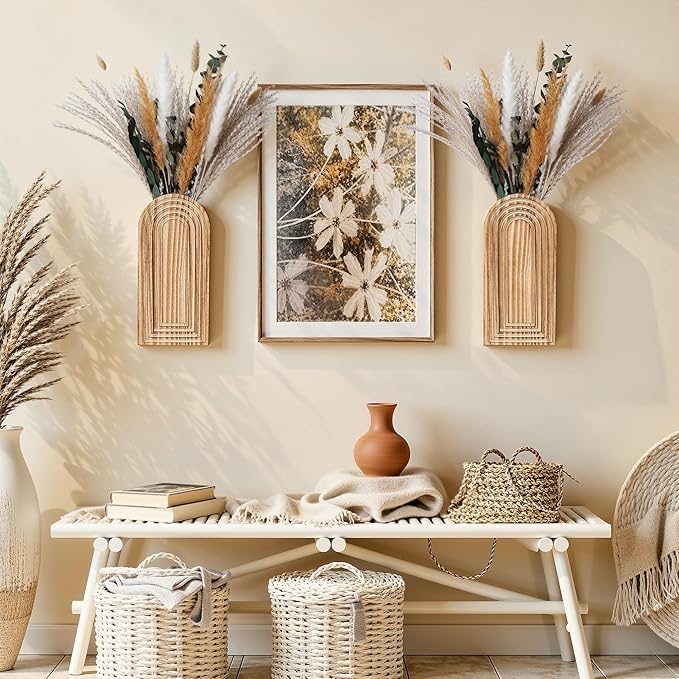 DREAMLOOM 2 Pack Wooden Wall Vases with Dried Pampas Grass and Eucalyptus Plants, Wall Hanging Planters Boho Modern Farmhouse Indoor for Narrow Spaces Entryway Bathroom Home Office Decoration, Retro