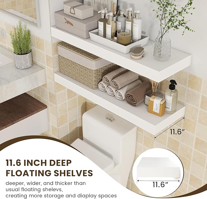 Deep Floating Shelves | 36 Inch White Floating Shelves Set of 2 | 12 Inch Deep Rustic Wood Shelves for Wall | 36