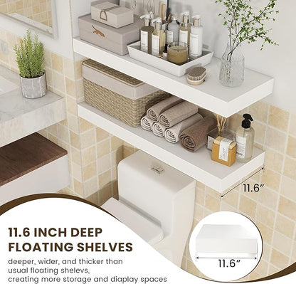 Deep Floating Shelves | 36 Inch White Floating Shelves Set of 2 | 12 Inch Deep Rustic Wood Shelves for Wall | 36" W x 12" D White Shelves for Living Room Bathroom Laundry Room Kitchen