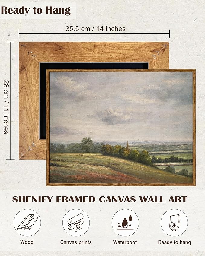 SHENIFY Landscape Framed Canvas Wall Art Vintage Classical Rural Hill Prints Hallway Bathroom Office Decor - 11x14in Natural Framed
