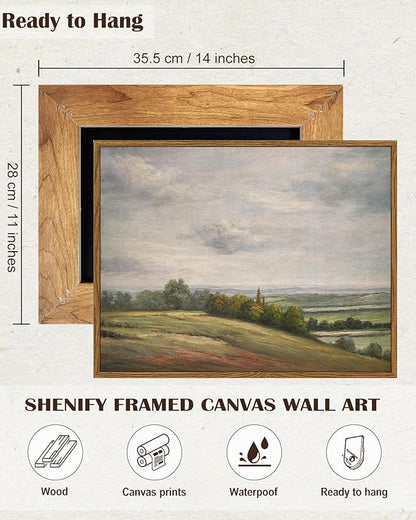SHENIFY Landscape Framed Canvas Wall Art Vintage Classical Rural Hill Prints Hallway Bathroom Office Decor - 11x14in Natural Framed