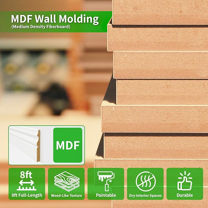 Art3d 8 Pack, 8 ft Each (64 ft Total) MDF Baseboard Wall Molding Trim, Skirting Board Panels, 4.17 in. High, Paintable, Warp-Resistant, Easy Installation for Living Room, Bedroom and Office (White)